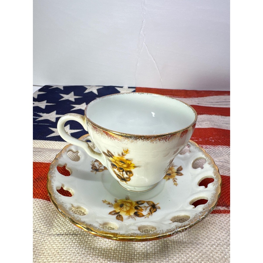 Vintage Japanese porcelain demitasse teacup and reticulated saucer set (#3301)